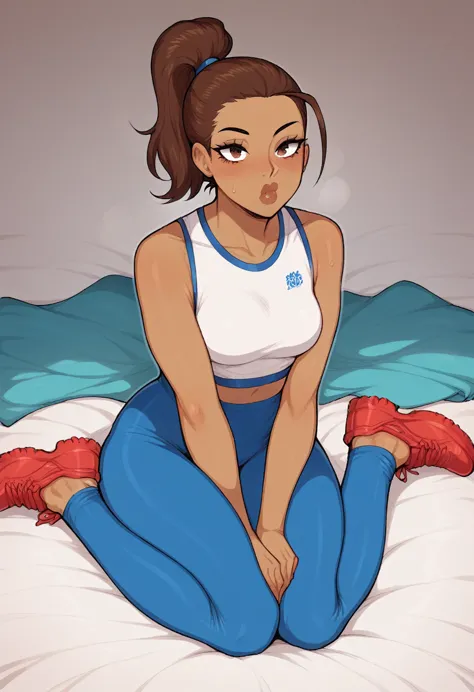 1 woman, dark skin, ebony, ponytail, Brown hair, lips, White tshirt, Blue yoga pants, red shoes, sit in bed