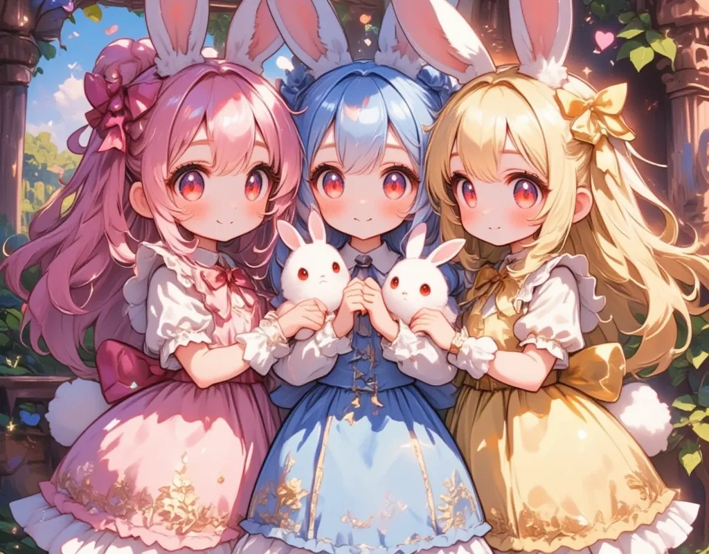 three girls\(chibi,cute,cute,  smaller , pink hair,  blue hair  , blonde, ,  very long hair  ,bangs,\( fluffy white rabbit- \), ...