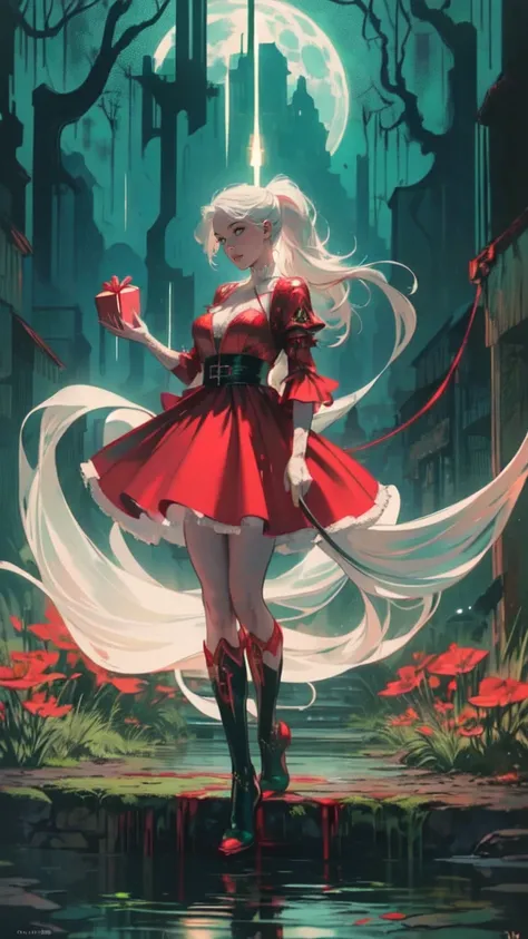 a picture of vampire standing in the front of her home holding a (blood: 1.3) drip (GIFT BOX: 1.5),  a stunningly beautiful female vampire at your front door,   full body  (Ultra Detailed, masterpiece,  best quality), Ultra Detailed face (Ultra Detailed, m...