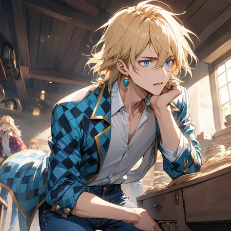 howl_from_howls_moving_castle, 1male, blonde hair, green earrings, red and blue checkered coat with golden rims, white shirt, bl...