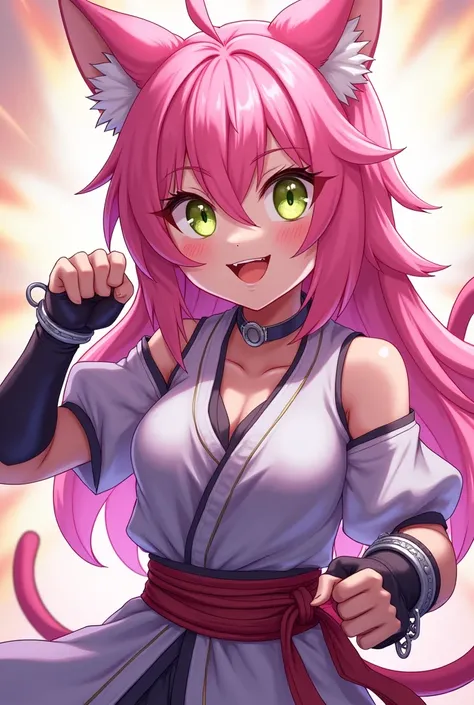 A half-cat girl. She is a feline with pink hair, like her ears and her tail. Her eyes are green and yellow, she has heterochromia. She wears fighting clothes and has a wide smile. Very lively and electric.
