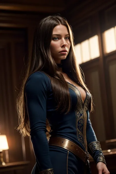 a beautiful woman with long brown hair, piercing blue eyes, stunning facial features, elegant posture, Jessica Biel as Abigail Whistler, very fit, muscular, veins, hyper detailed, photorealistic, cinematic lighting, dramatic shadows, rich colors, cinematic...