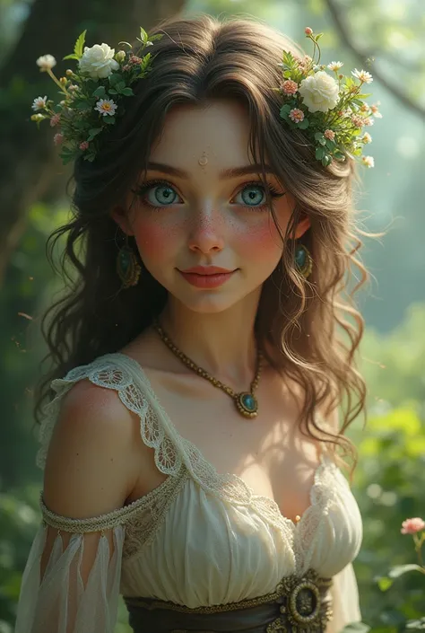 ((high resolution)), ((pale skin)), freckled, brunette (()) girl, with blue eyes, blushing cheeks, wavy hair, smiling, large breasts, as a fantasy druid
