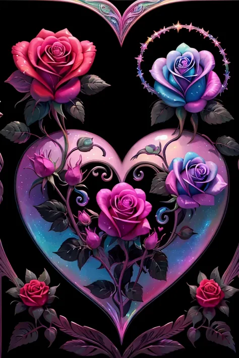 a beautiful iridescent heart with a rose inside of it. black background. vibrant