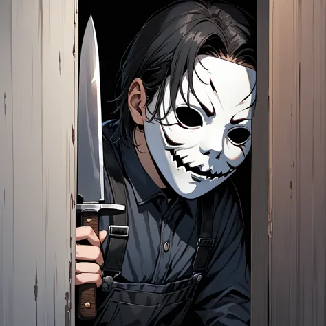 michael_myers, black overall, holding a knife, peeking out behind a corner, white mask, black hair