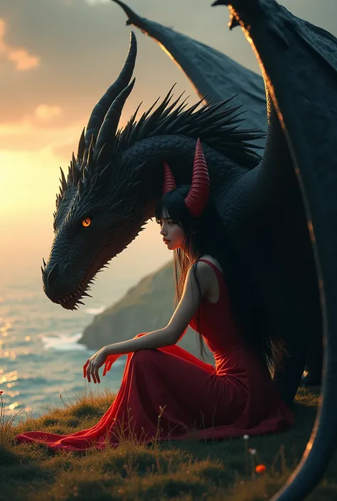 girl with black hair, with red horns ,  who sits on the grass at the cliff ,  against the background of the ocean and the dawn sky in the background {x} in a tight red jumpsuit, hugs a big black dragon with a long neck,  of a frightening ,  with wings ,  l...