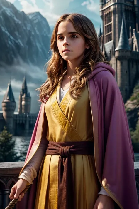 (Emma Watson as Hermione Granger,very fit, athletic, muscular,detailed face, beautiful eyes, defined facial features, smooth skin, regal pose, elegant robes, Hogwarts castle, magical atmosphere, vibrant colors, cinematic lighting, fantasy art, digital pain...