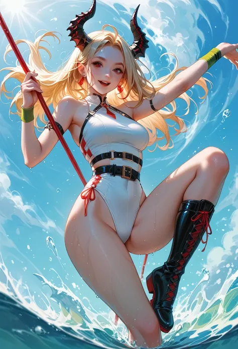 An animated animated image of a woman with blonde hair and horns on her head. She is wearing a red and white bathing suit with a black belt around her waist. Her boots are black and white and she is holding a red stick in her right hand. Her left hand is p...