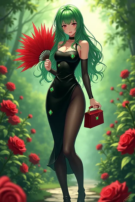 Make me an image of a young adult girl with long wavy green hair wearing a tight black dress with 3 emeralds on her chest and wearing a red dress bag with long black boots while holding a red feather fan in a green rose garden anime version 