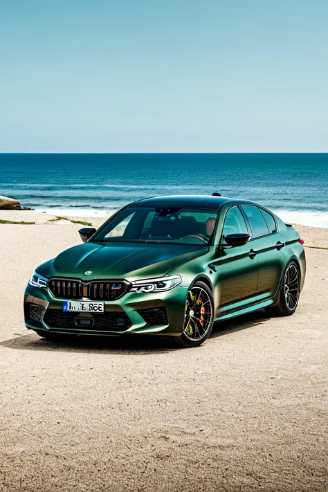 BMW M5 CS, dark green, parked, beach background