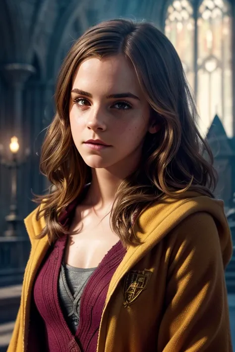 (Emma Watson as Hermione Granger,very fit, athletic, muscular,detailed face, beautiful eyes, defined facial features, smooth skin, regal pose, elegant robes, Hogwarts castle, magical atmosphere, vibrant colors, cinematic lighting, fantasy art, digital pain...