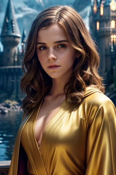 (Emma Watson as Hermione Granger,very fit, athletic, muscular,detailed face, beautiful eyes, defined facial features, smooth skin, smirk, regal pose, elegant robes, Hogwarts castle, magical atmosphere, vibrant colors, cinematic lighting, fantasy art, digit...