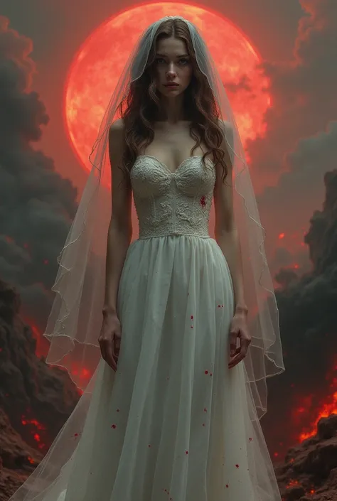 Bride on hellish background with bloodied white dress.wavy hair 
