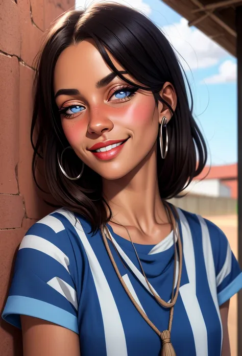 fan striped blue and white shirt, paysandu shirt, long eyelashes,  solid circle eyes,  light smile , ear blush, taken, anáglifo,...