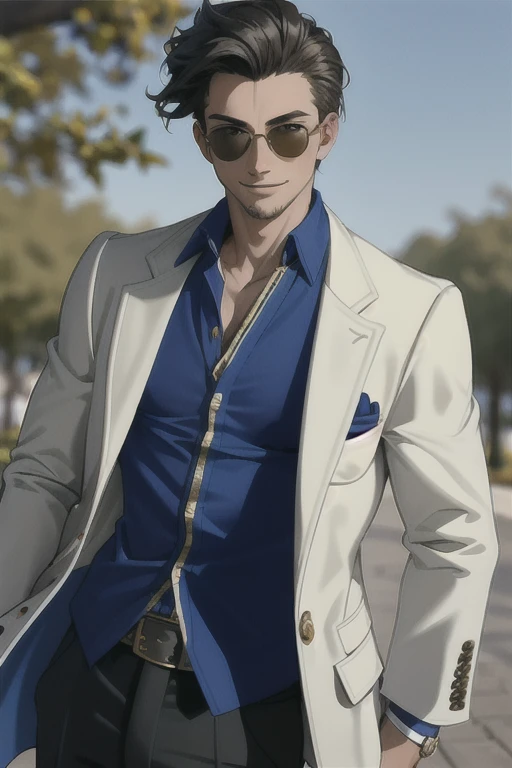 ((masterpiece,  Best quality )),edgQuality,smirk,complacent, guy wearing a jacket  ,wearing , chic jacket ,  sunglasses ,  blurred background big oak tree with blue leaves