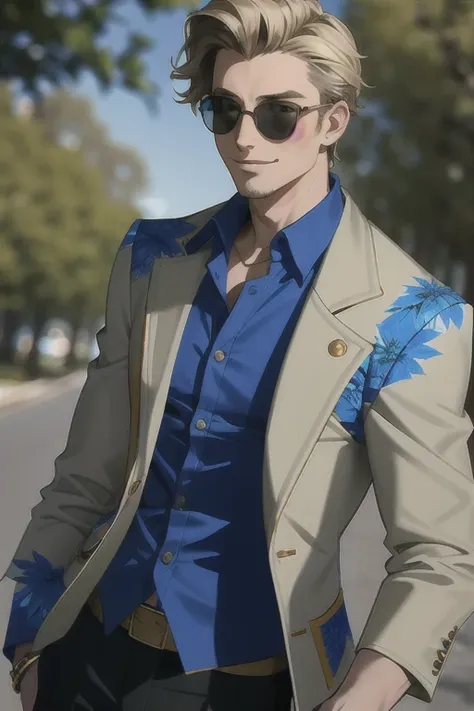 ((masterpiece,  best quality )),edgquality,smirk,complacent, guy wearing a jacket  ,wearing , chic jacket ,  sunglasses ,  blurr...