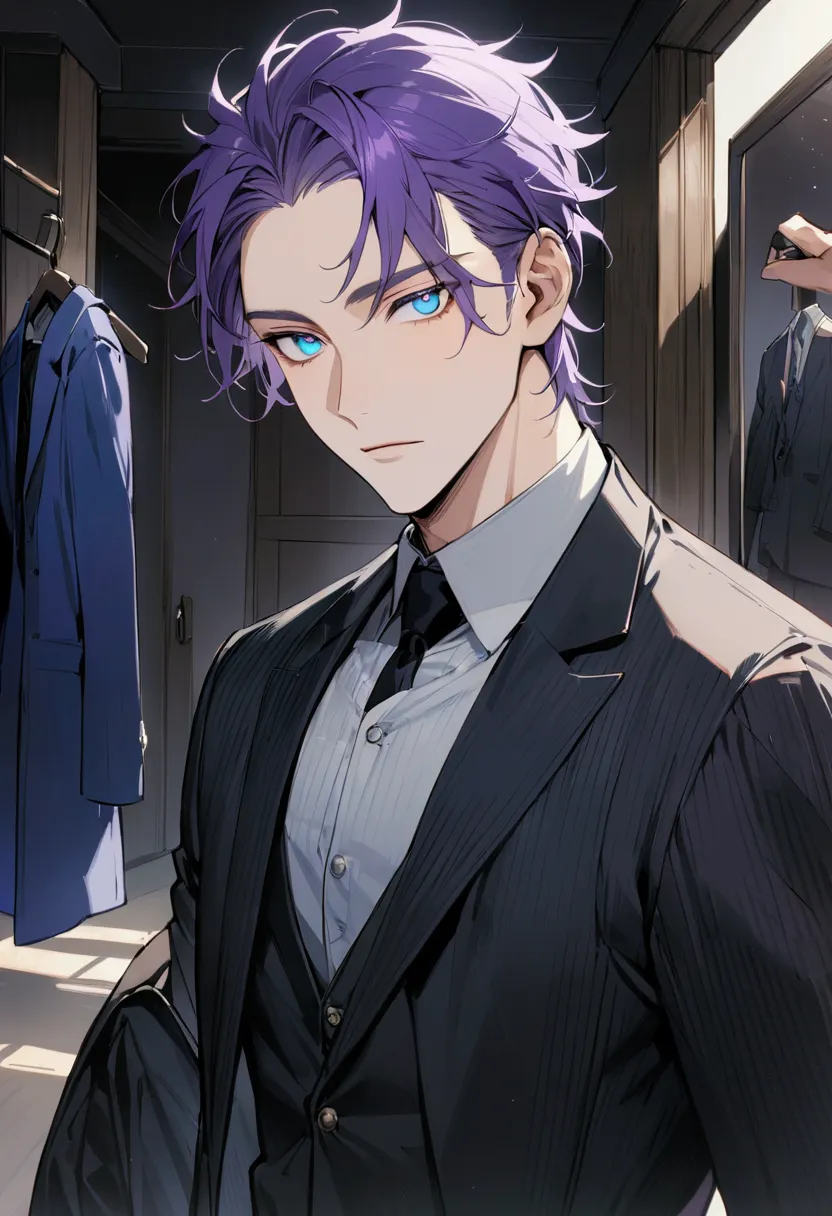 whole body、character portrait、male、masterpiece、handsome、the forehead is visible、1 man,  purple hair、worn suit、jacket、give bangs、...