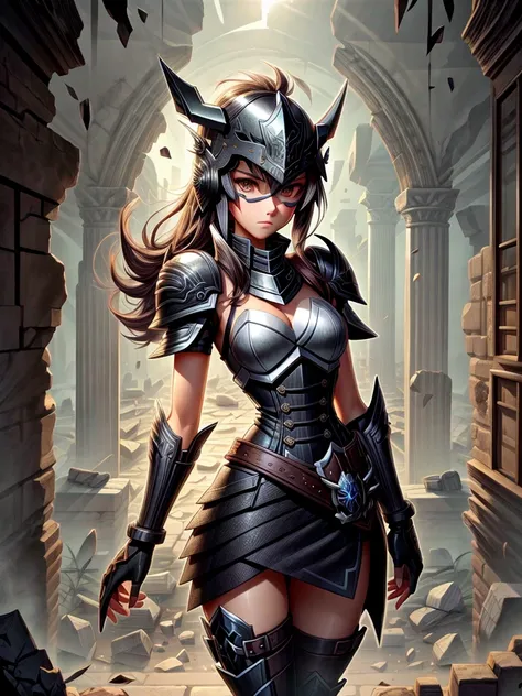 detailed 8k female helmet and mask paladin of iron shards all black attack mode(from the waist up) inside the ruins