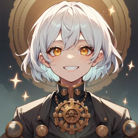 Smiling woman with short white hair and golden eyes. Do it in a steampunk setting . She wears black clothes