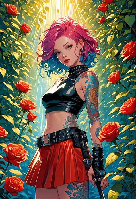 highly detailed highly realistic, best quality masterpiece, full watercolors, all colors -haired  em fusão Alita + Nicole sexy como uma cyber a gente punk tatuada estilosa moderna rodeada de correntes ardente em fogo com espada lazer corte super preciso al...