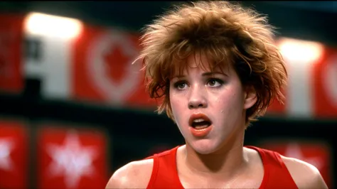 eighteen-year-old molly ringwald, angry, shouting, pointing at someone, messy/shaggy razored/layered haircut with sideswept bang...