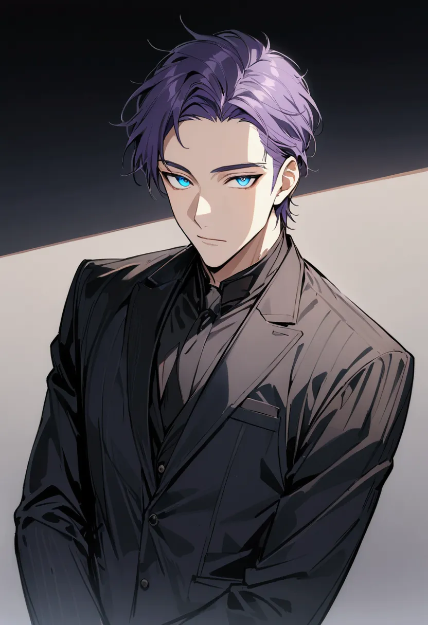 whole body、character portrait、male、masterpiece、handsome、the forehead is visible、1 man,  purple hair、worn suit、jacket、give bangs、...