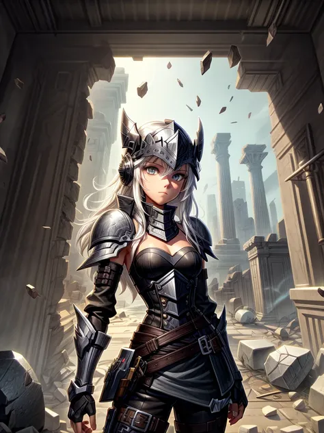 detailed 8k female white hair all-black iron shrapnel paladin helmet attack mode(from the waist up) inside the ruins