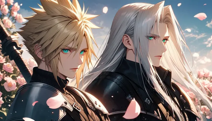 Super detailed, High resolution, Absurd, High resolution, Cloud Strife, blue eyes, Blonde, Sephiroth, Green Eyes, Silver Hair, Final Fantasy VII Remake, good looking, Two men together, Highly detailed face and eyes, Flowers and petals, Black Feather,