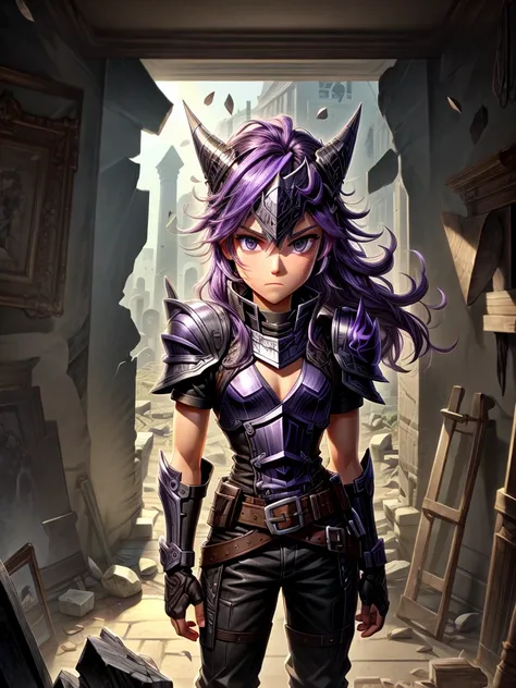 detailed 8k men's purple hair helmet paladin black iron shrapnel black all black attack mode(from the waist up) inside the ruins