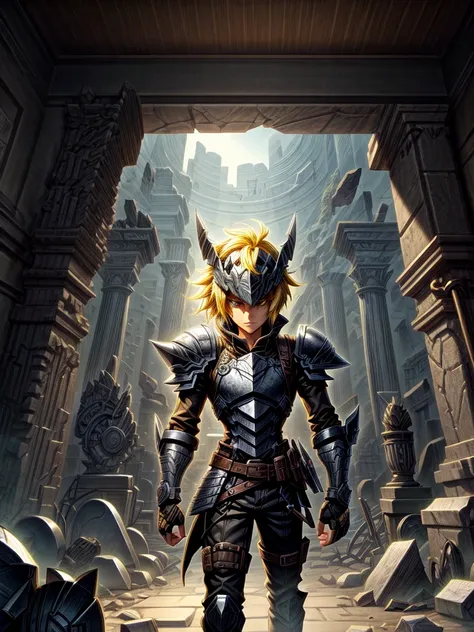 detailed 8k men's yellow hair all-black iron shrapnel paladin helmet attack mode(from the waist up) inside the ruins