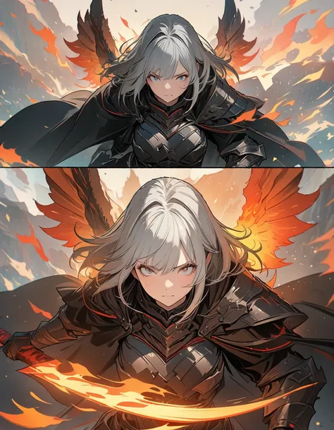 ((Ultra-fine illustrations, 8k, masterpiece :1.2, Sharp focus :1.2, Depth of written boundary:1.2)), Beautiful female swordsman, Disorganized, Highly detailed face and skin texture, Silver Hair, Jet Black Armor, Flame Armor, Cloak on Fire, Flaming Sword, W...