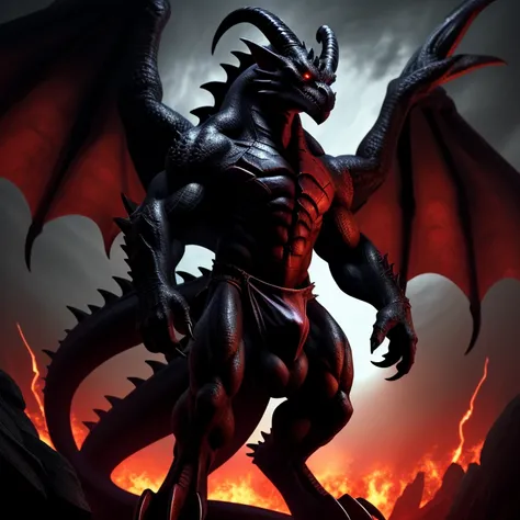 Humanoid demon, demon eyes, demonic glow, low-angle shot, semi-side view, best quality, correct anatomy, cinematic, scaled, full body, heroic, dark ambience, full body, two eyes, two wings, draconic snout, one tail, muscular, attractive, loincloth, bulge, ...