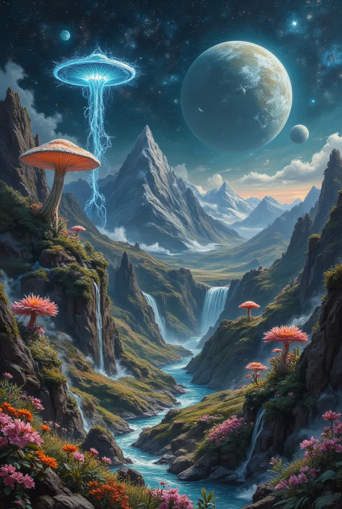 another world extraterrestrial landscape, surreal mountains, with giant alien flower animals, live shrooms, fantasy dream, starr...