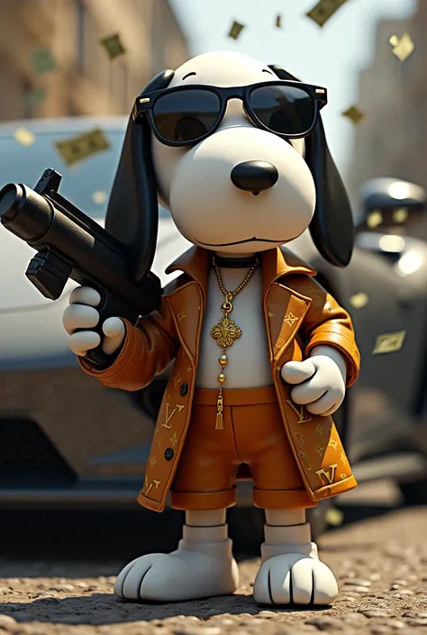 Draw Snoopy with a machine gun in his hand and with luxury glasses with luxury Lowis Vuiton clothes with luxury car in the back and a lot of money flying in the back 