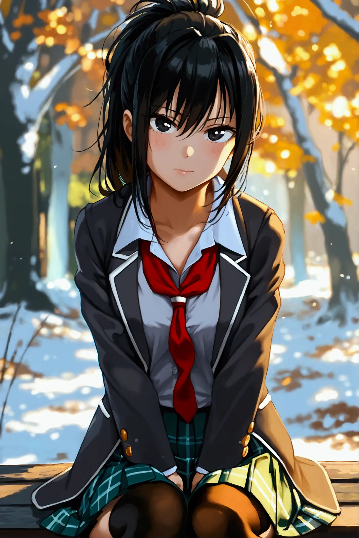 1girl, yaoyorozumomo, black eyes, black hair, ponytail, long hair, hair pulled backcenter opening, , grey blazer, u.a. school un...