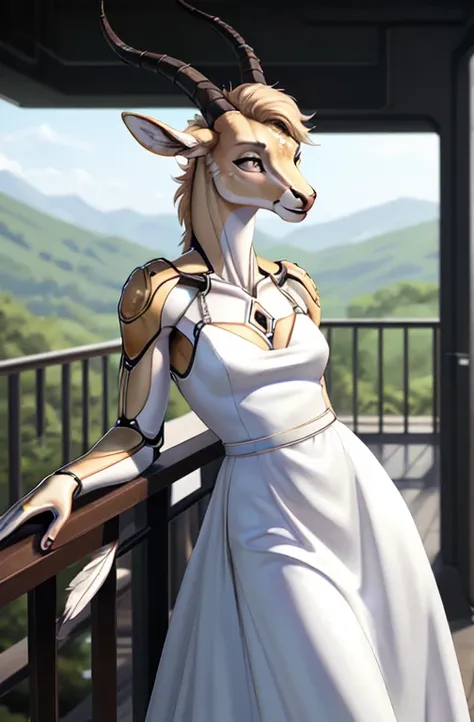  dreamy young muscular cute classy (Exotic gazelle girl:1.2),  tomboy female ,  looks at the observer,  looks fascinated ,  detailed eyes ,  medium breasts covered ,  wears an elegant room dress , ( bionic skin implants :1.2), detailed fur,  realistic feat...