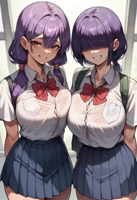 ２woman,purple hair,low twin tail, improve, wicked smile, busty, school clothes,  school uniform,  bangs that fall over the eyes