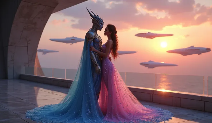 a blue alien king and the beautiful sexy human girl is dressed in a shimmering gown that softly changes colors.. standing together in a balcony. surrounded by the alien ships. The atmosphere radiates unity, romance, and celebration against the setting suns...