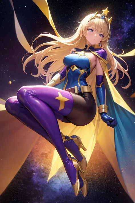 ((best quality)), ((masterpiece)), (detailed), 1 girl, Full body, 19 years old, Sad face, Depressed, Blue eyes, Empty eyes, Star-shaped tiara, Arms forward, Eye mask, Blue superhero mask, Blonde hair, Straight hair, Long hair, Bangs, 2 star-shaped hair orn...