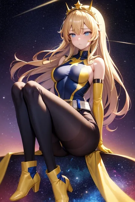 ((best quality)), ((masterpiece)), (detailed), 1 girl, Full body, 19 years old, Sad face, Depressed, Blue eyes, Empty eyes, Star-shaped tiara, Arms forward, Eye mask, Blue superhero mask, Blonde hair, Straight hair, Long hair, Bangs, 2 star-shaped hair orn...