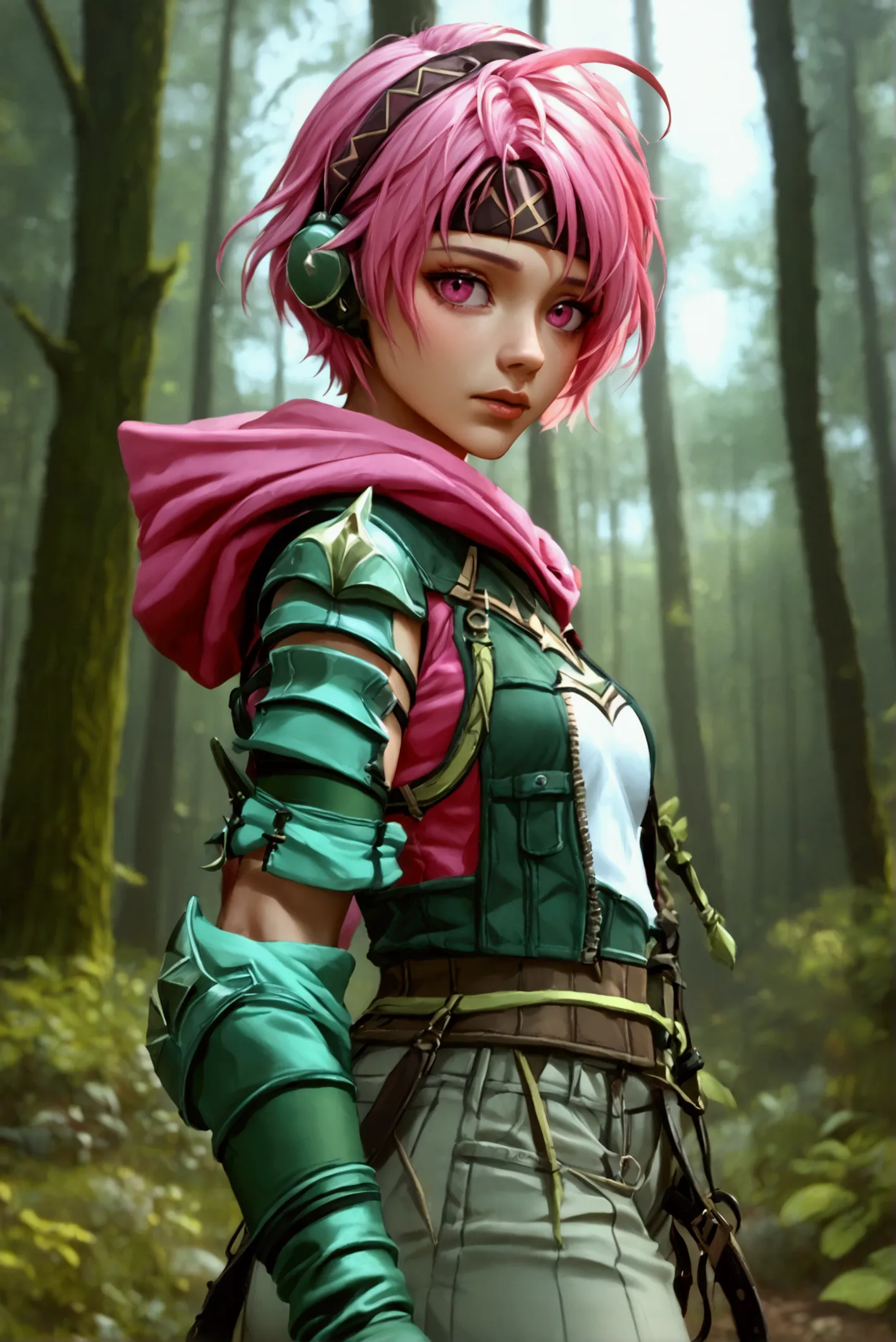 fraction_9, fraction_8_up, 1 girl,  alone , nsneimife8 , short hair,  pink eyes, headband,  uneven gloves ,  single pauldron , f...