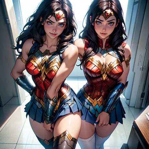 (Wonder woman), 1 girl, young, very sexy, sensual look, perfect body, thicc school 1girl wearing thighhighs pleated skirt, skirt pull, skirt lift, revealing panties, short skirt, gorgeous features, clear face, symmetrical face, beautiful face, rendered eye...