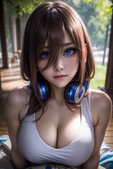 "nakano miku, a young and beautiful woman, detailed facial features, delicate skin, brown hair, hair between her eyes, headphones, long eyelashes, eyeliner, big blue eyes, sassy expression, soft lips, light smile, big breasts, (( (were looking at yours))),...