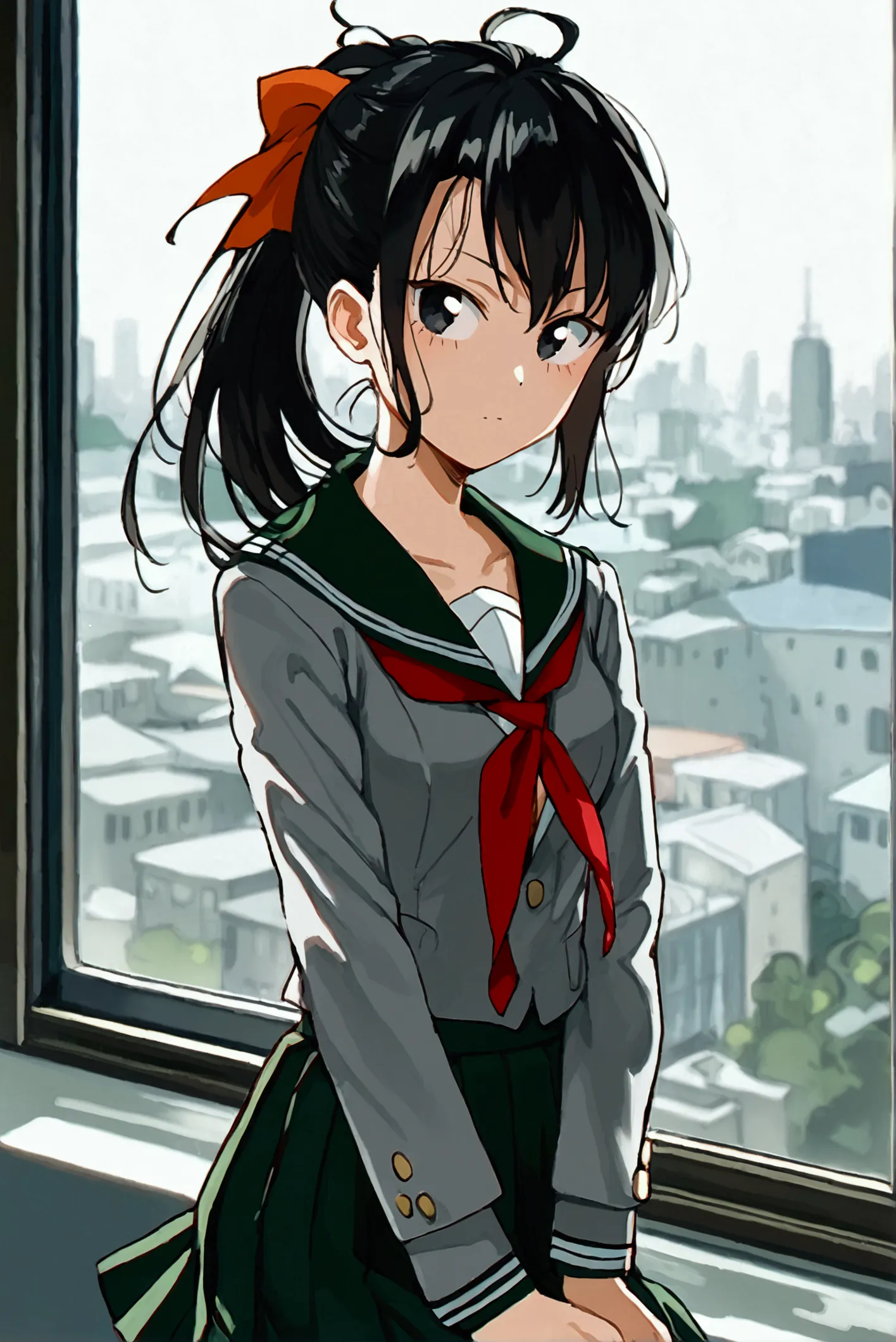 1girl, yaoyorozumomo, black eyes, black hair, ponytail, long hair, hair pulled backcenter opening, , grey blazer, u.a. school un...