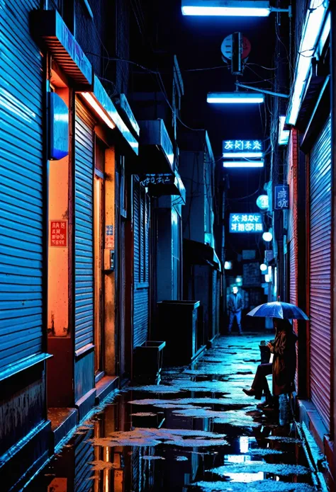 A dimly lit alley where shadows stretch unnaturally. The protagonist stands alone, eyes wide with fear. Rain falls heavily, mingling with the dirt on the ground. A flickering neon sign casts eerie reflections, hinting at an unseen menace lurking nearby.