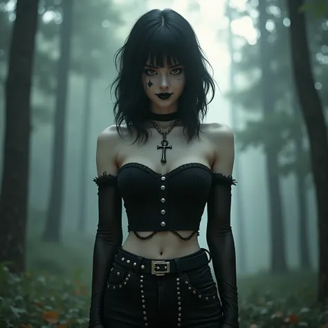 D_endless, 1 girl, black hair, medium length hair, hair between the eyes, (pale skin:1.4), white body, black eyes, medium chest, mark on the face, necklace, ankh, black top, bare shoulders, belt with rivets, jeans, black trousers., black lips, goth, looks ...