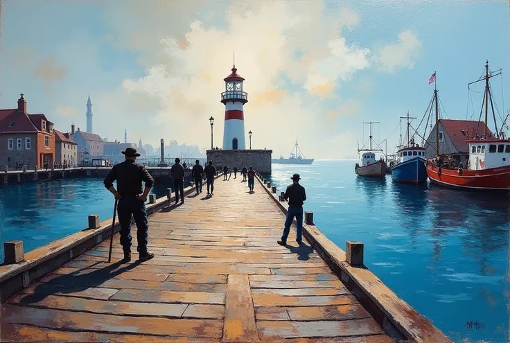 impressionistic painting with large palette-knife, de muelle que va a un faro en un puerto pesquero 