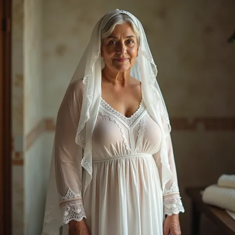 70-year-very old white veiled hijabi full jilbabi headscarf curvy plump beauty 80cm mini short midget body Turkish grandmother in the hamam, transparent lace full perforated tulle wet nightgown full frontal standing. seeing her nude body under nightgown