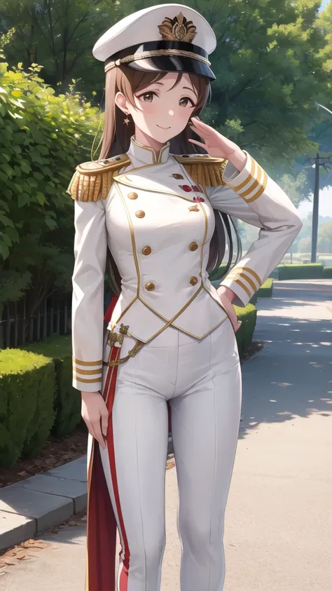 masterpiece, best quality, highres, aanitta, long hair, peaked cap, earrings, medium breasts, military uniform, epaulettes, (white shirt:1.2), white sleeves, long sleeves, white pants, idolmaster, cowboy shot, standing, outdoors, salute, hand on hip, smile