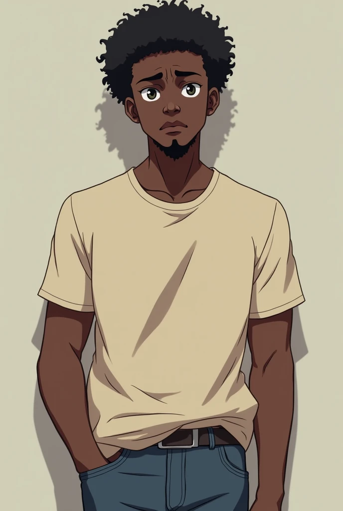 A black man, he has a confused look on his face, he is black skin and he has black hair, he wears a t-shirt and a jeans pants, anime style, realistic wide shot 